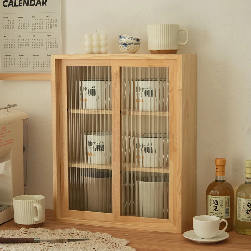 Solid Wood Coffee Station Organizer Dustproof Tea & Beverage Display Cabinet Multi-Purpose Desktop Storage for Office Essentials