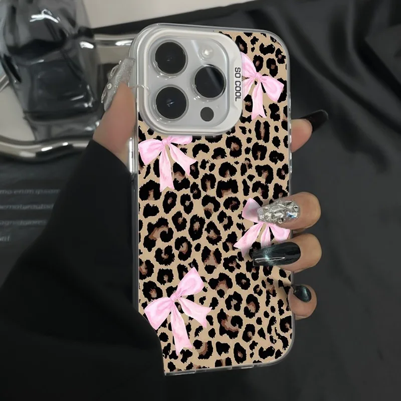 

Bow leopard print design phone case for iPhone 16 15 14 13 12 11 Pro/ Max/Plus shock-proof rear cover anti-fingerprint