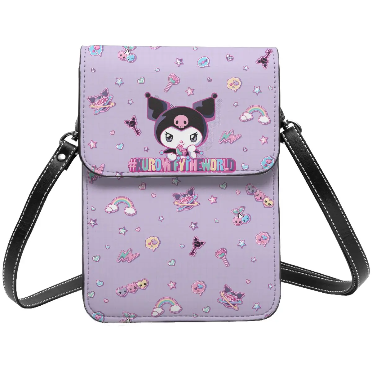 Kuromi-Bolso de cuero Morado para teléfono móvil, cartera con tarjetero, Mini bolso de hombro portátil para mujer y Niña