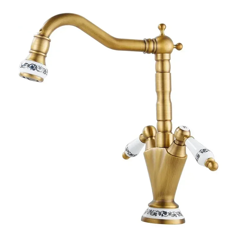 Antique Brass Basin Faucet Cold and Hot Retro Style Bathroom Mixer Faucet Single Hole Dual Handle Heighten Sink Mixer Tap