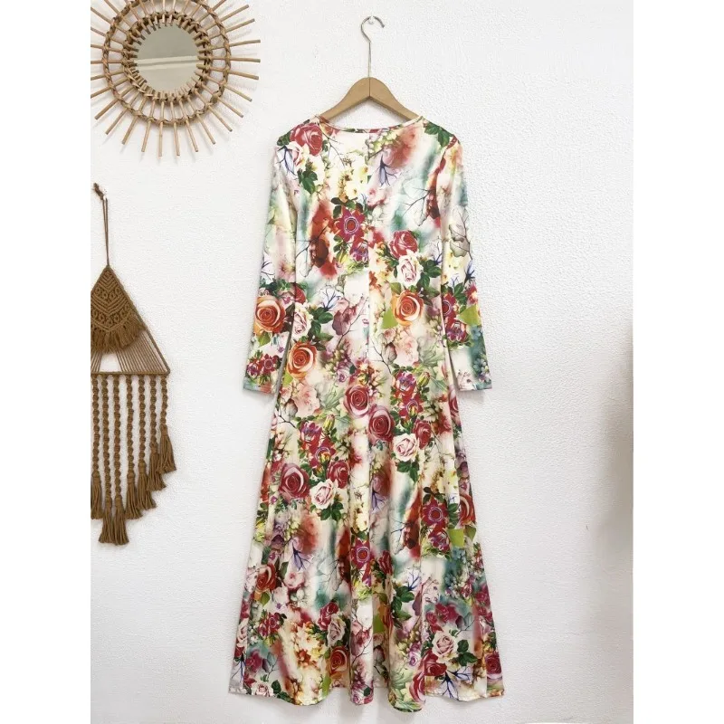 Vestido longo feminino elegante de verão simples estampa floral casual vestido de manga comprida