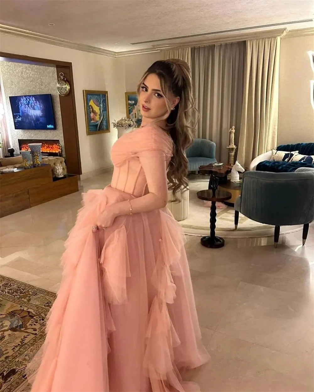 Personalizado jiayigong alta qualidade com decote em v vestido de baile quinceanera dobra tule organza ocasião vestido de noite gece elbisesi privatğün 