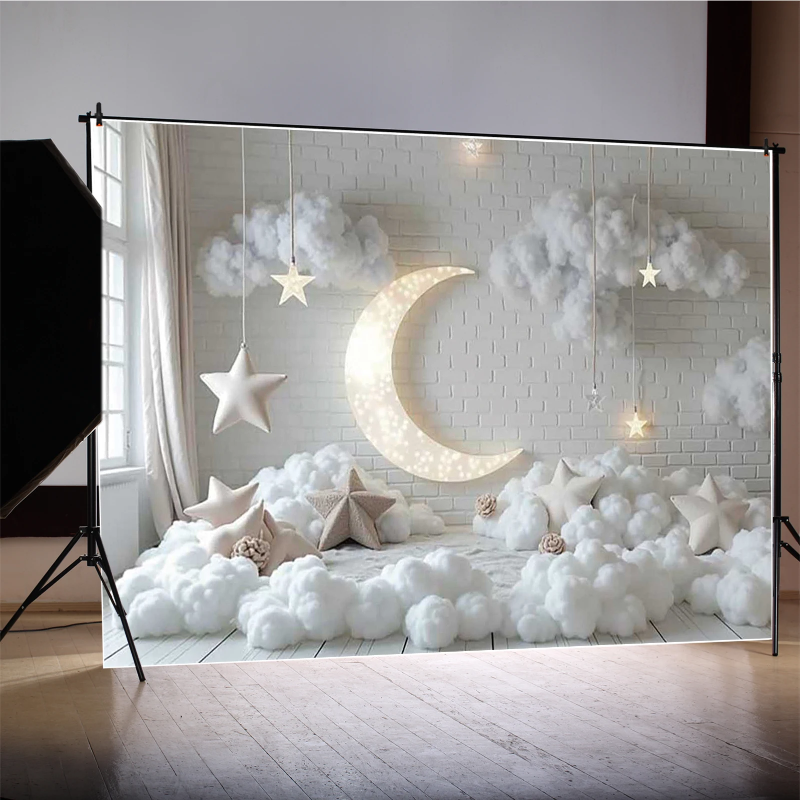 MOON.QG Birthday Decoration Photography Background Moon White Cloud Photozone Backdrop Children Photo Studio Photobooth Supplies