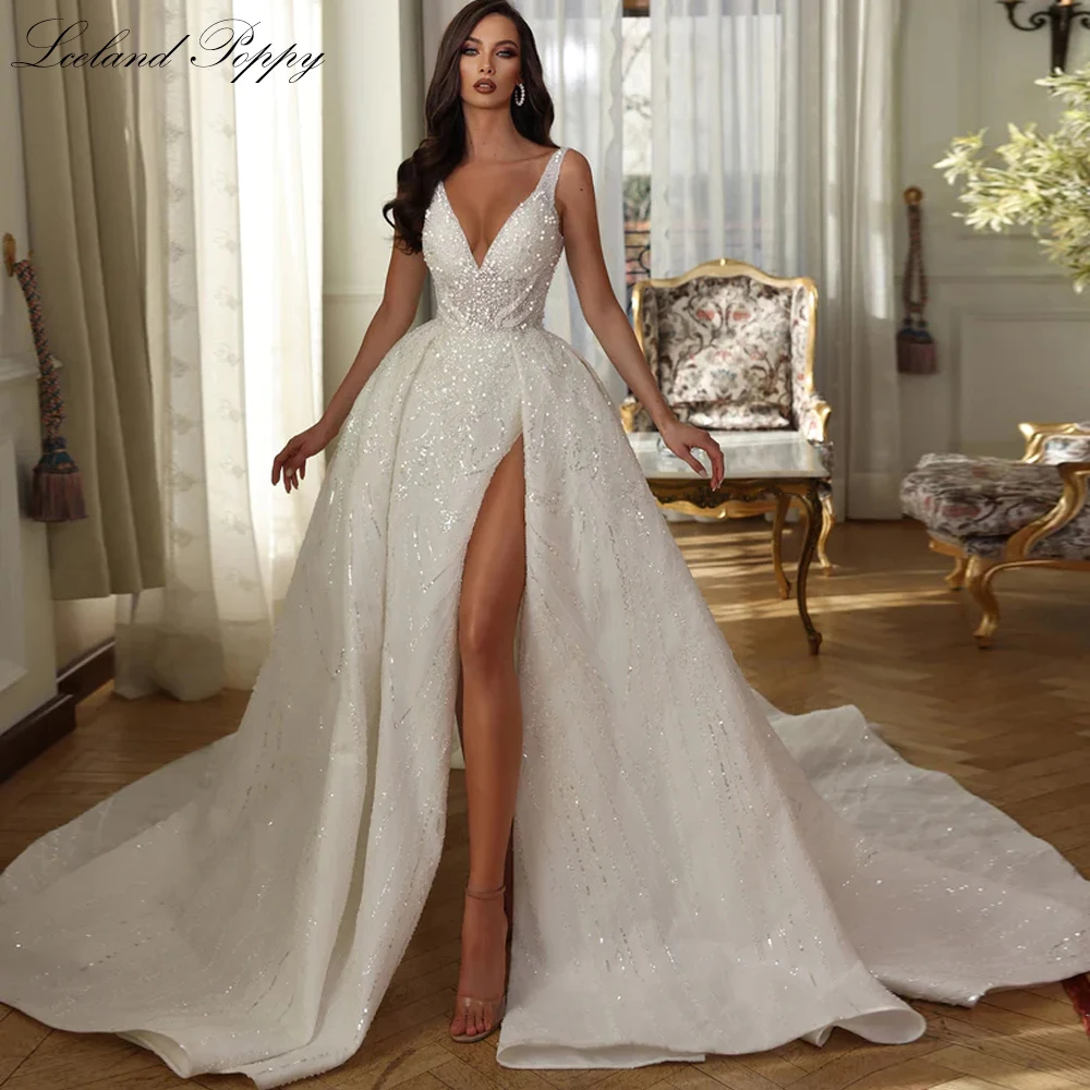 

Lceland Poppy A Line V Neck Lace Wedding Dresses Luxury Sleeveless High Slit Beaded Bridal Gowns with Chapel Train