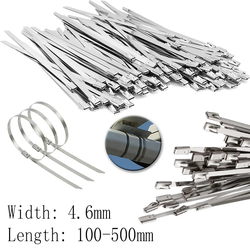 100/50Pcs Width 4.6mm Stainless Steel Zip Tie Exhaust Wrap Coated Locking Cable Ties Multi-Purpose Locking Cable Metal Zip Ties
