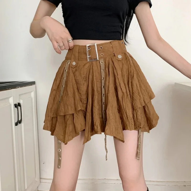Asymmetrical Skirt with Matching Belt Eyelet Straps High Waist Harajuku Mini Skirt Kpop Punk Gothic Skort Grunge Y2K Alt Girls