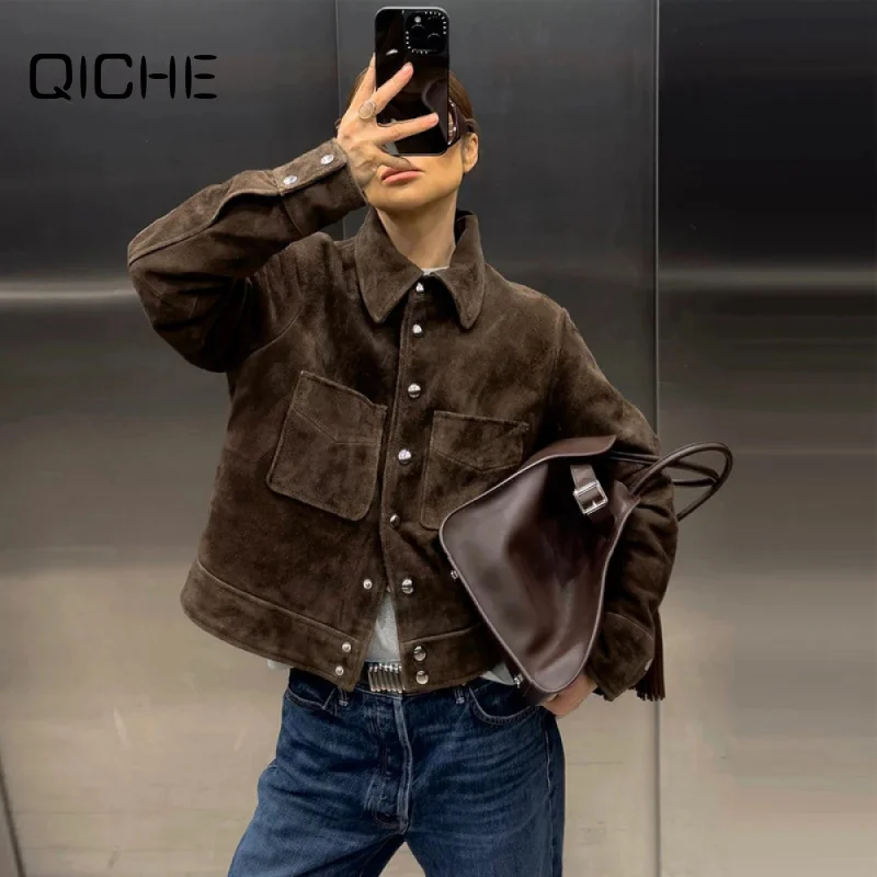 QICHE Women's Jacket Women's Outerwear 2026 Fall Winter Maillard Lapel Single Breasted Faux Suede Coat Women's Jacket for Women