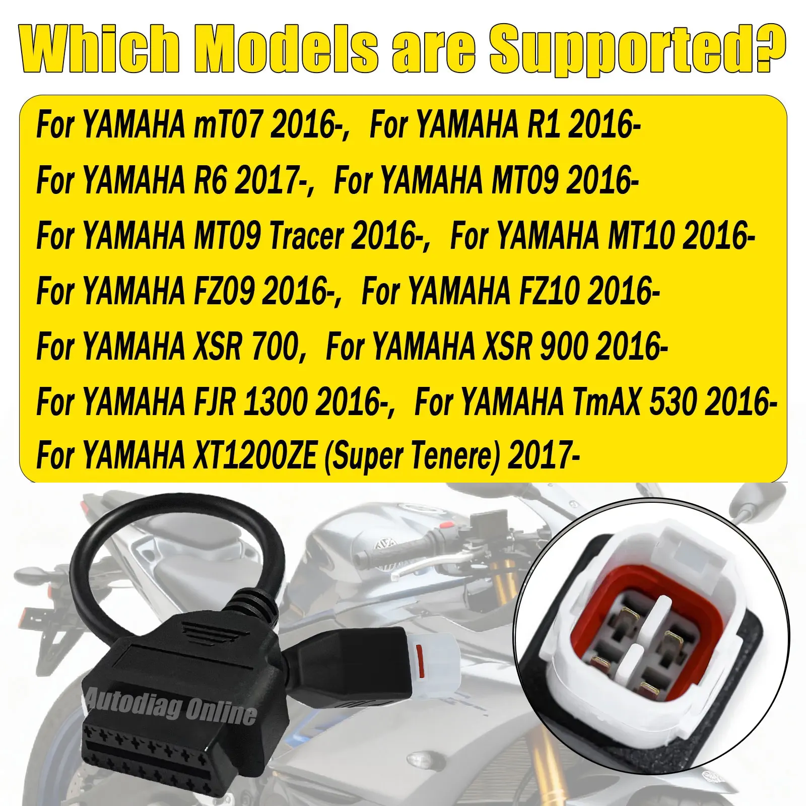 ヤマハ 4ピン OBDII R1、R6、MT07、MT10、FZ09、FZ10、XSR700、XSR900、TMAX530、XT1200ZE オートバイ用 OBD2 診断ケーブル