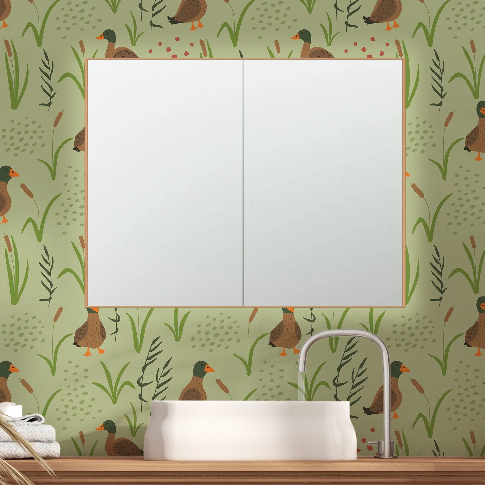 Ducks and Grass Wallpaper In Dusty Green,Nursery Hand Drawn Cute Wallpaper,Kids Wall Mural Paper, Peel and Stick Or Traditional
