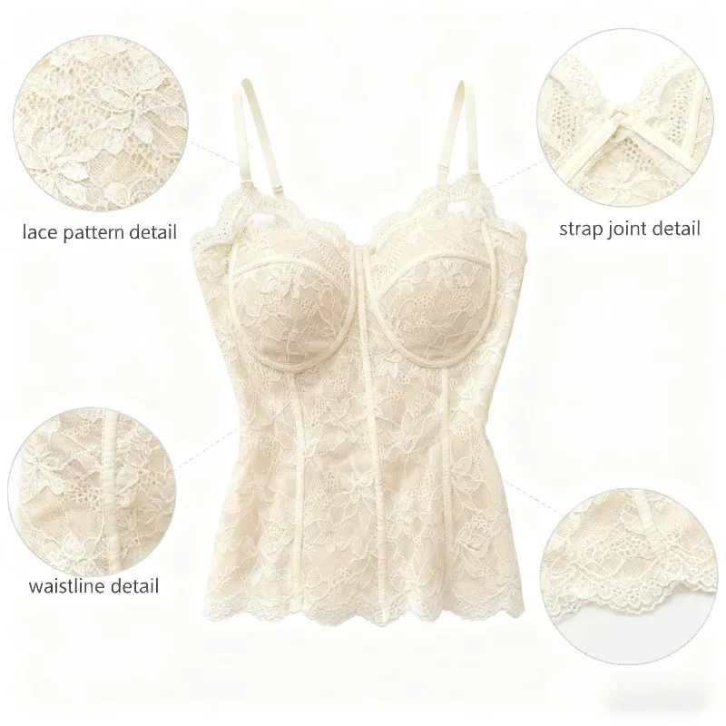 Lace French Style Corset Camisole - Padded Bra Sheer Spaghetti Strap Top Women's Fashion Lingerie-Inspired Evening & Daily Wear