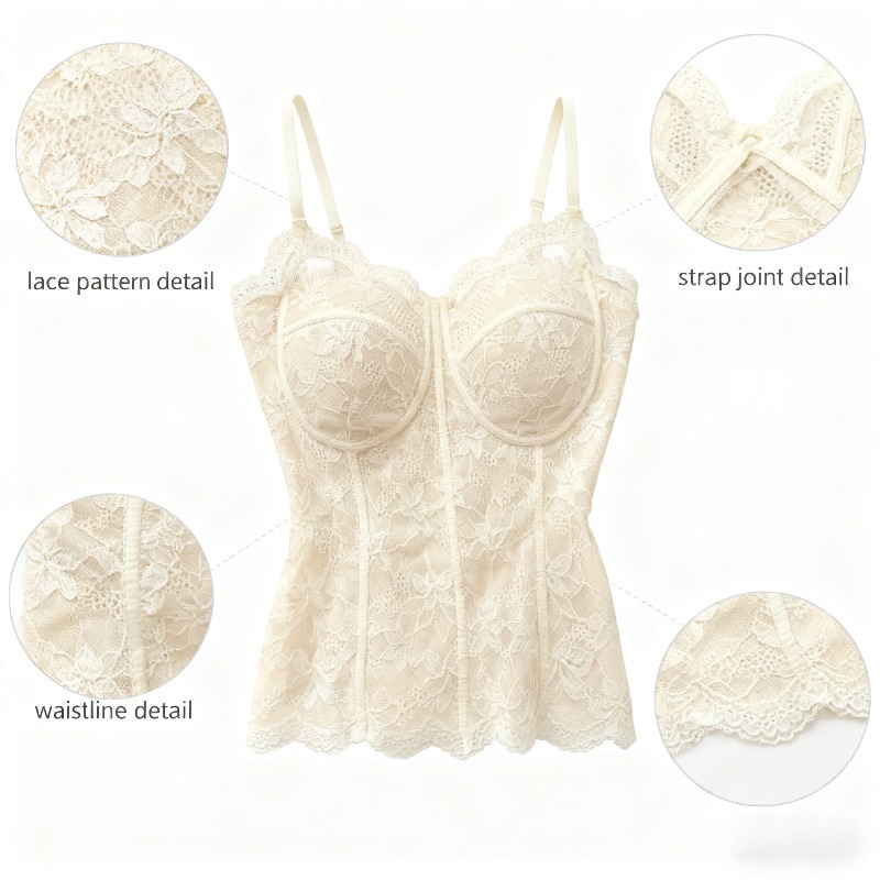  Lace French Style Corset Camisole - Padded Bra Sheer Spaghetti Strap Top Women's Fashion Lingerie-Inspired Evening & Daily Wear 