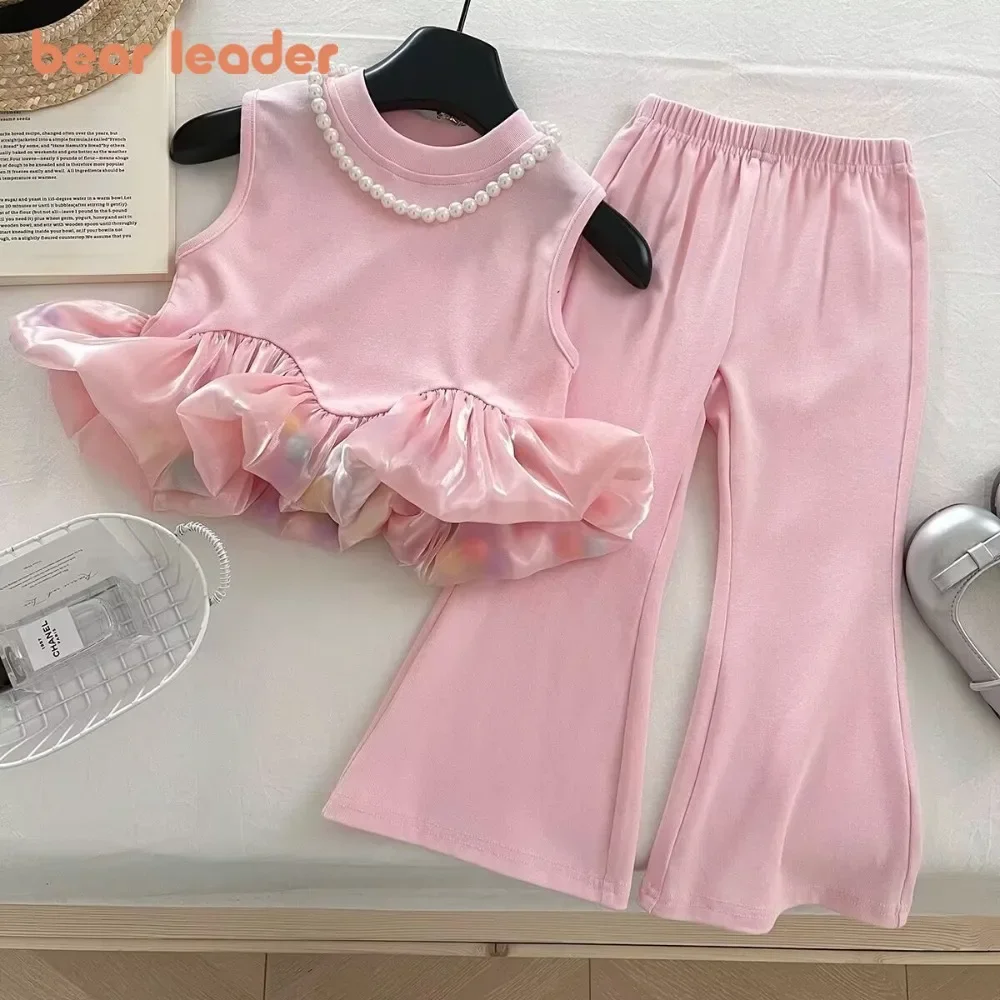 Bear Leader Summer New Pink Sweet and Cute Princess Suit Pink Baby Girl Costume Splicing Sleeveless Top+Flared Pants 2-piece Set