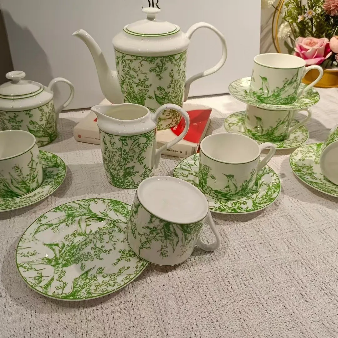 European Style Light Luxury Lily of The Valley Series Bone China Coffee Cup, Dish Pot Combination, 15 Head Coffee Set