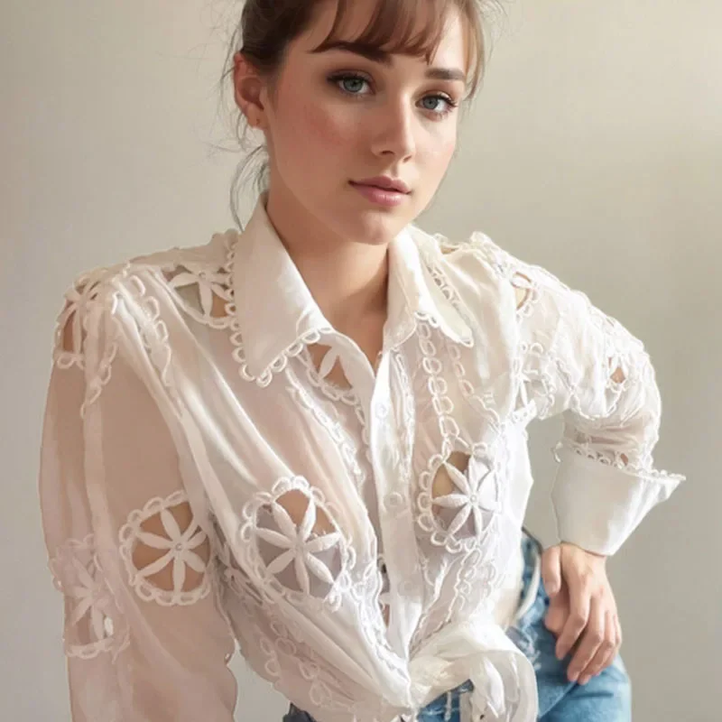 New Mesh Hollow Out Women\'s Blouse Long Sleeve Embroidery Floral Women Shirts Button Up Woman Tops Streetwear Clothes 13369