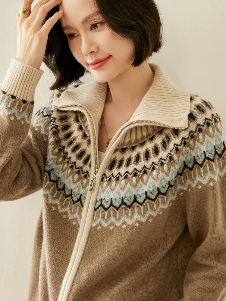 

Yoyoselect 100% кашемировый кардиган, женский свитер Fair Isle с отложным воротником на молнии, трикотаж, осенне-зимняя верхняя одежда, модный топ