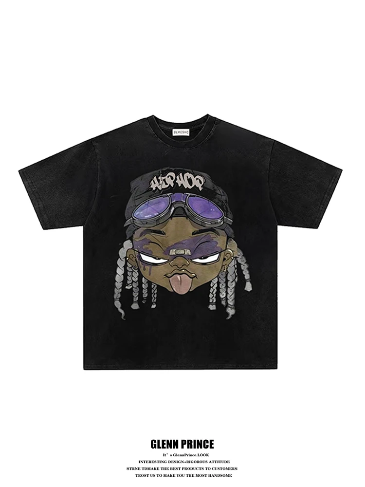 

GPstudio American Trendy Character Print Washed Short Sleeve T-Shirt Men Summer Rap Hip Hop Top Loose Fit Pure Cotton Youth P...