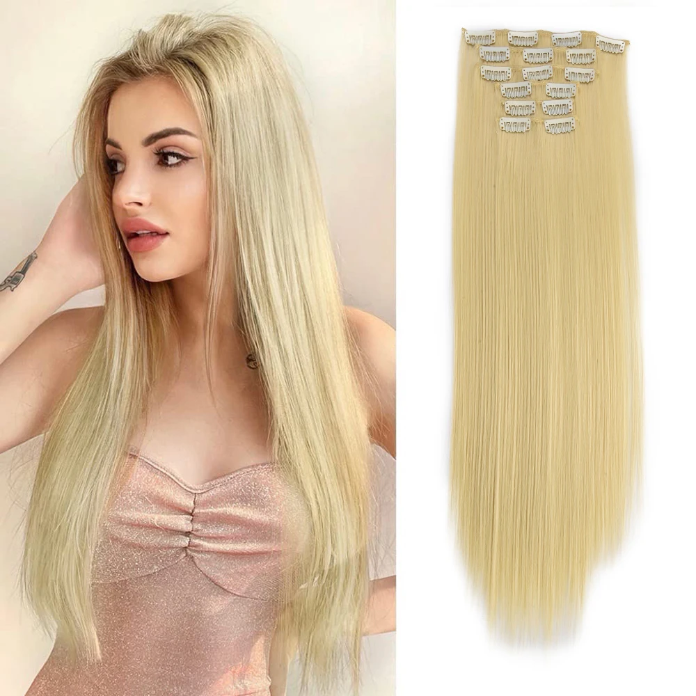 

Zolin Synthetic Hair Full Head 6Pcs/set Clip in Hair Extensions Long Straight Blonde Hairpiece for Women Daily Use