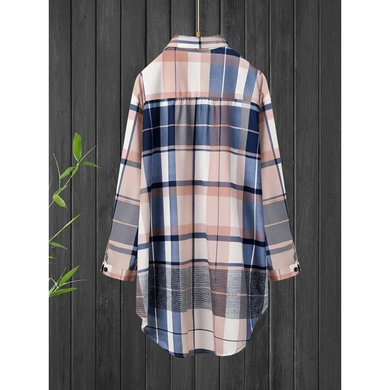 حجم كبير 1XL-5XL المرأة منتصف طول منقوشة طباعة المرأة الخريف قمصان عادية أنثى موضة كم طويل واحدة الصدر البلوزات ﻿