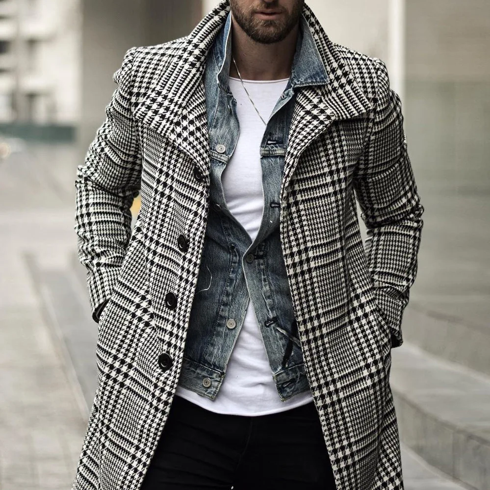 Mens Coat Winter Jacket Men Overcoat Warm Clothes Wool Outwear Long Black White Plaid Blends Cardigan Male Coat Plus Size S-3XL