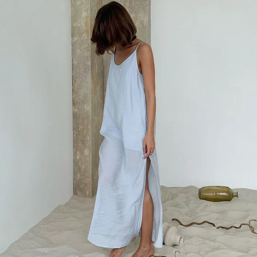 캐주얼 루즈핏 화이트 롱 드레스 로브 2025 신상 여름 V넥 여성용 봄 민소매 스트레이트 로브 나이트가운