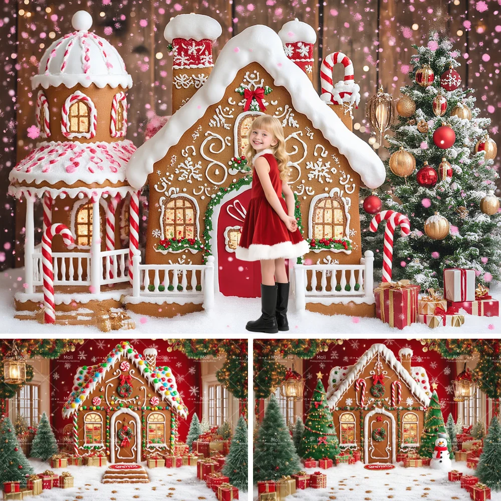 

Christmas Party Gingerbread House Photography Background Glitter Xmas Tree Gift Booth Kids Winter Birthday Portrait Backdrop