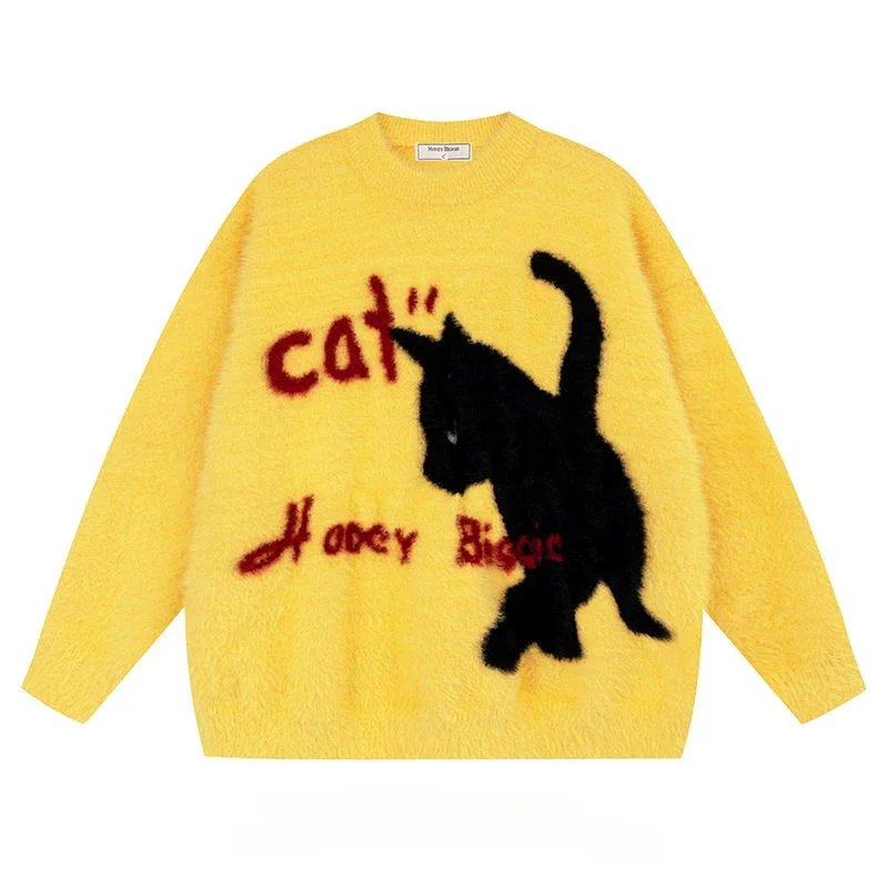 Hikigawa Streetwear Chic Fashion Cartoon Cat Print Women Swetry Autumn Sweet Cool Vintage Y2k Knitted Pullover Tops Ropa Mujer