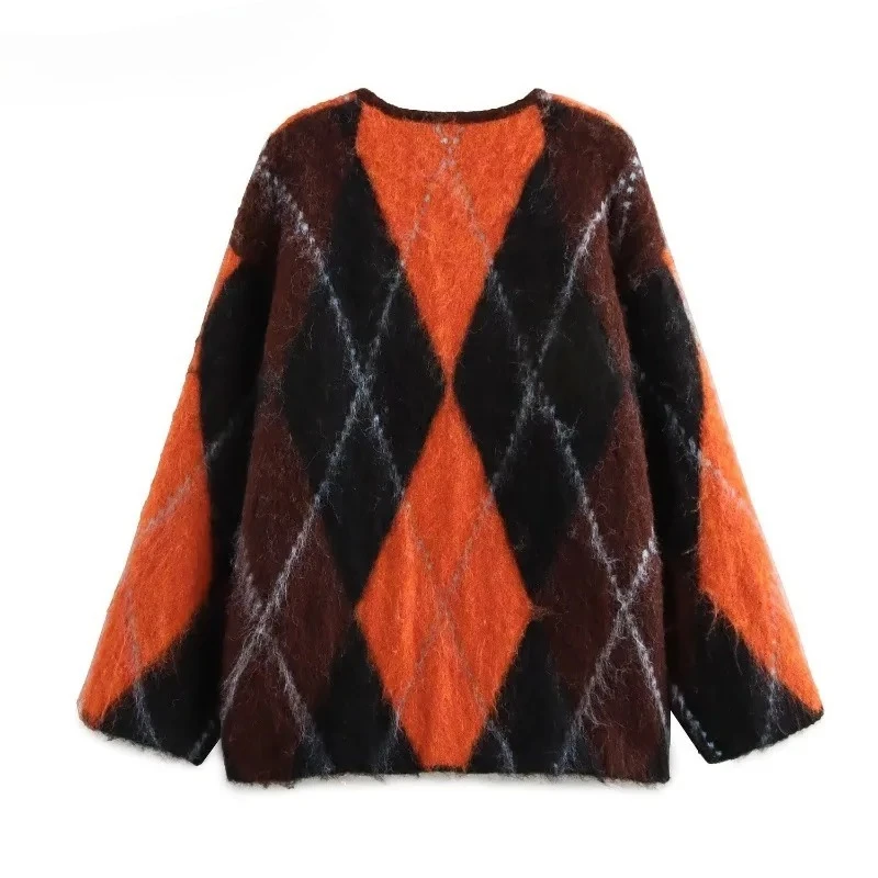 

Full Sleeve Lady Jumpers Fashion Autumn Loose Single-breasted Female Knitwear Retro Plaid Contrast Women Sweater O Neck