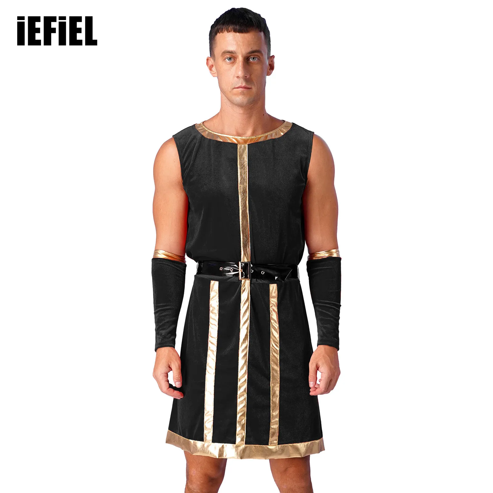 

Mens Medieval Renaissance Royal Guard Costumes Sleeveless Stripes Robe with Belt And Wristbands Halloween Cosplay Suit