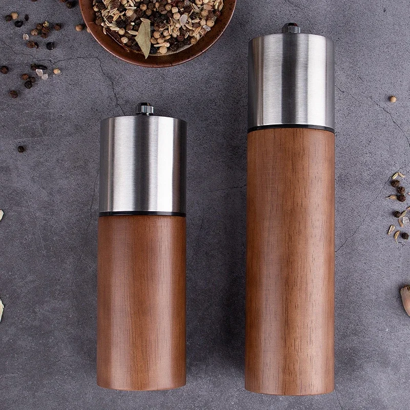 Solid Wood Salt and Pepper Grinder, Pepper Mill with Adjustable Ceramic Core, Grinding Density, Kitchen Tools, 6 