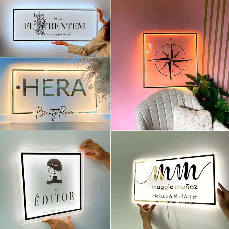 Business Neon Lights Mirror Logo Sign Hair Studio Sign Acrylic Custom Logo 3D Custom Plaques Decoration Office Door Wall Sign