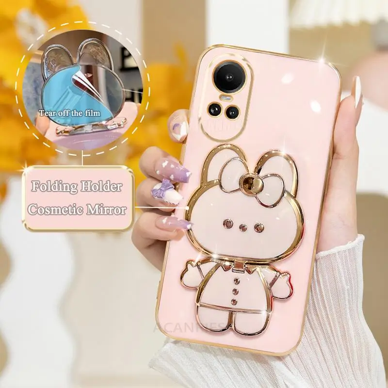 Reno10 Mirror Plating Fold Holder Case For Oppo Reno 10 Pro 10pro 5 6 7 Lite A54 A55 A57 A58 A76 A78 4g 5g Silicone Stand Cover