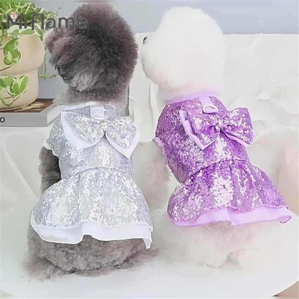 

Miflame 2023 Spring Summer New Small Dogs Dress Shiny Pet Clothing Pomeranian Schnauzer Fashion Cat Dog Beaded Butterfly Skirt