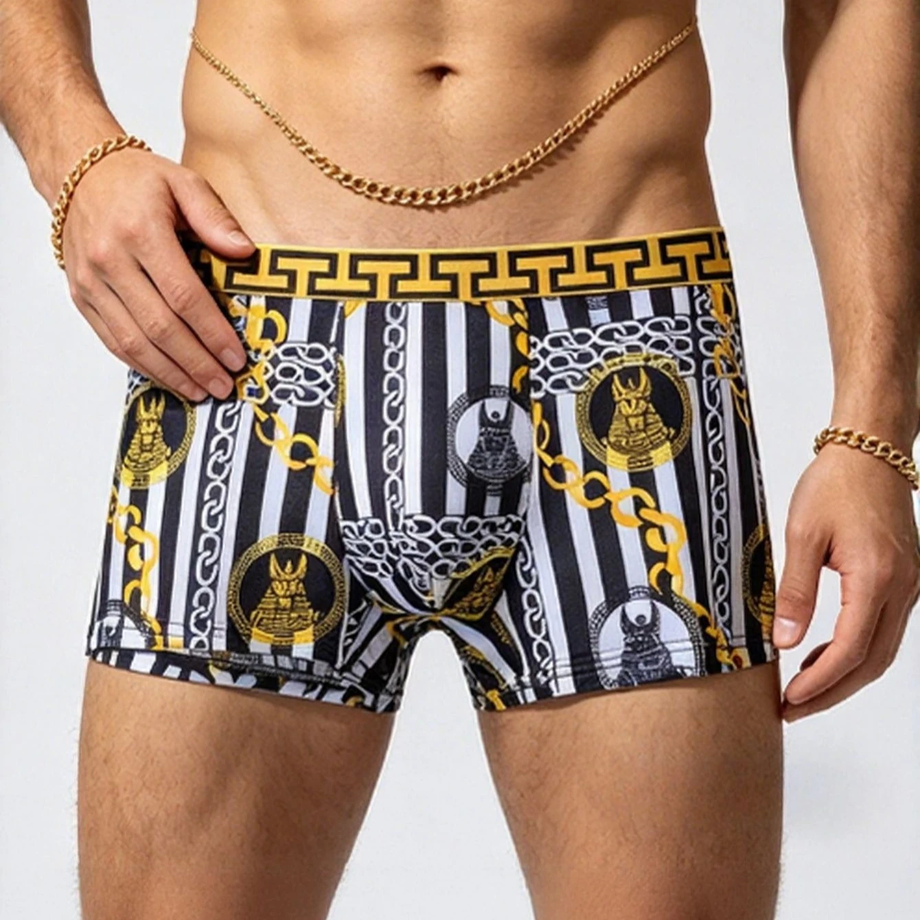 Sexy Mens Luxury Greek Key Egyptian Gold Print Boxer Briefs Trendy Rave Party Festival Shorts Streetwear Trendsetters Daily Wear