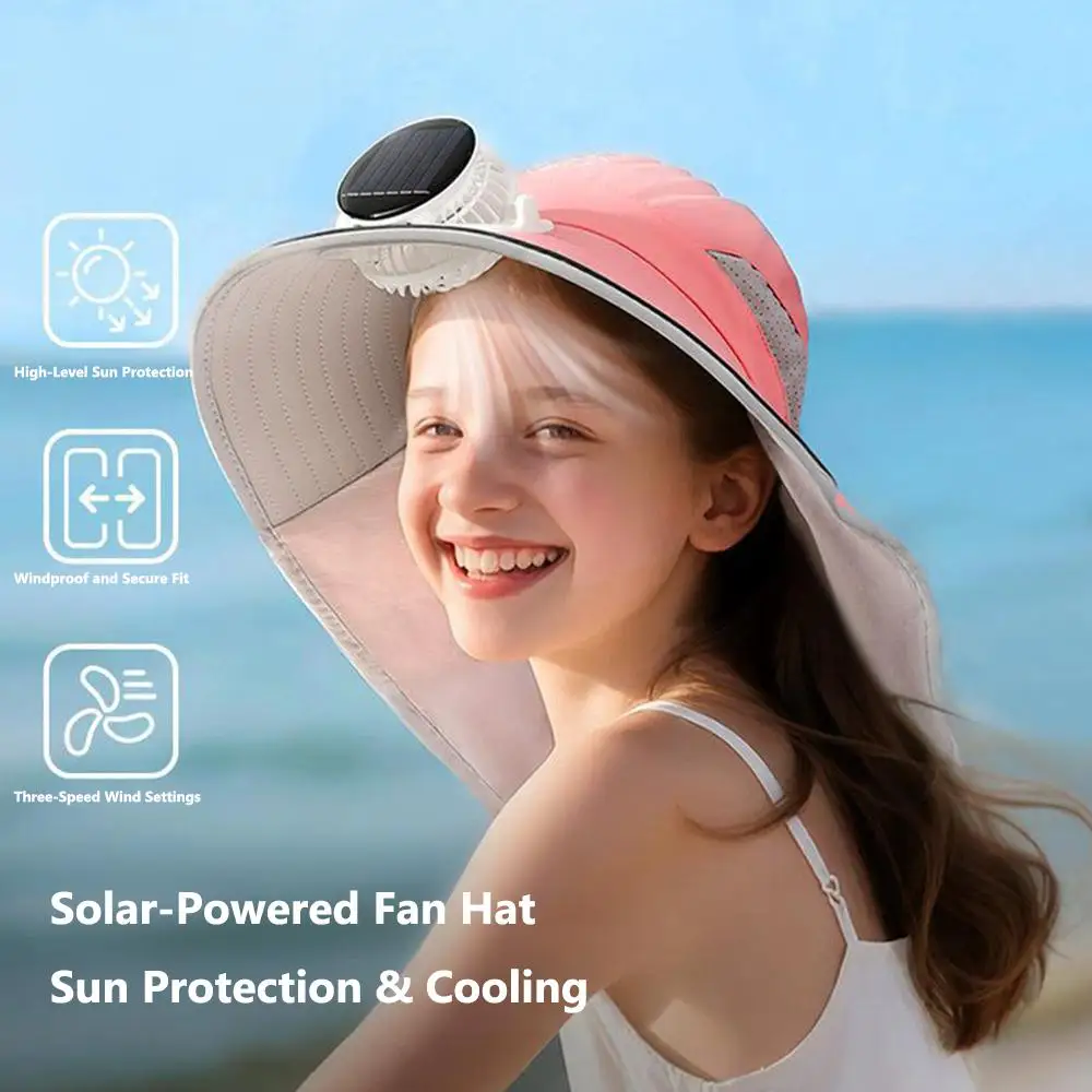 

Lightweight Wide Brim Kids Sun Hat Cooling With Neck Flap Solar Powered Fan Hat Breathable Fisherman Hat for Boys & Girls