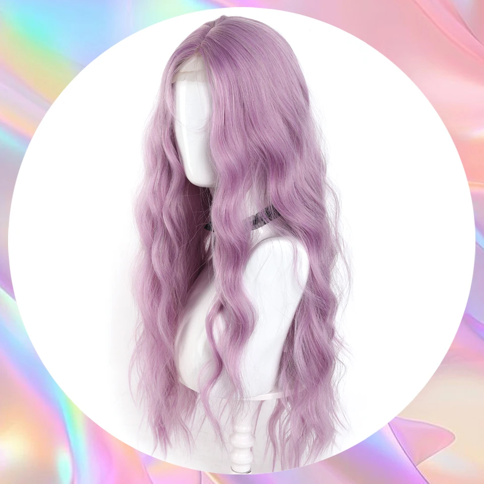 Pink-Puprle Long Wavy Lace Front Wig Synthetic 28inch Cosplay Wigs Natural Wave Middle Part Heat Resistant for Daily Use Lolita