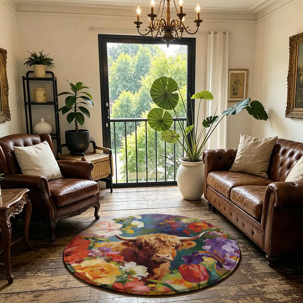 1pc oil painting floral highland cow round floor mat, suitable for living room, sofa, bedside, and home decoration. washable
