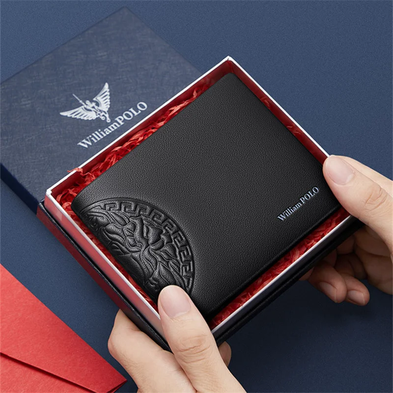 WILLIAMPOLO Brand Business Men Wallet Genuine Leather Embossing Wallet Bank Credit Card ID Card Holder Wallet For Men Gifts