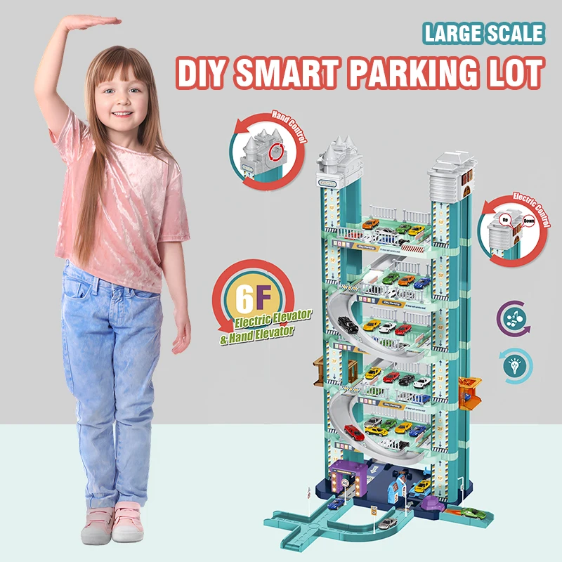 Smart Intelligent Electric Lifting Track Parking Multi-Storey Three-Dimensional City Building Kids Toy 2 Random Alloy Cars Gifts