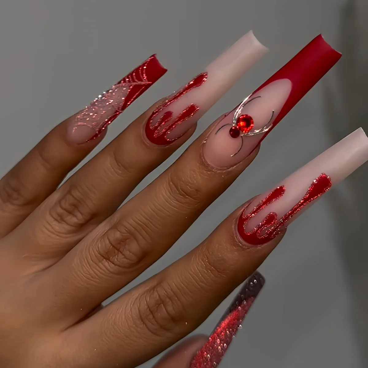 

24pcs Long Ballet French Press on Nails Halloween Glitter Red Crystal Spider Design Fake Nails Wearable European False Nails