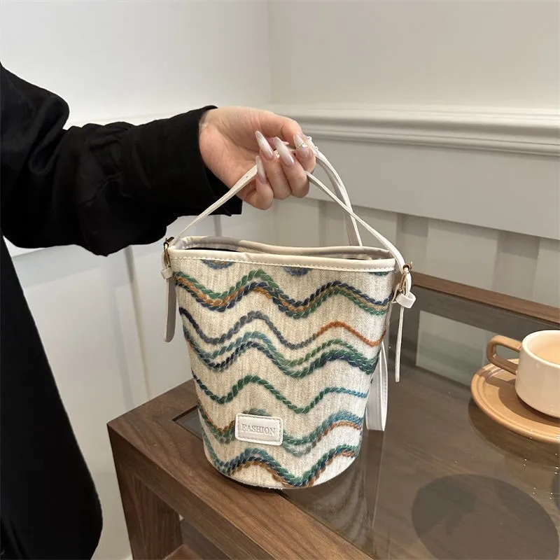 JIAERDI Harajuku Wave Pattern Bucket Bag Women Knit Large Capacity Shoulder Bag Ladies Korean Everyday Crossbody Bags Beige 2025