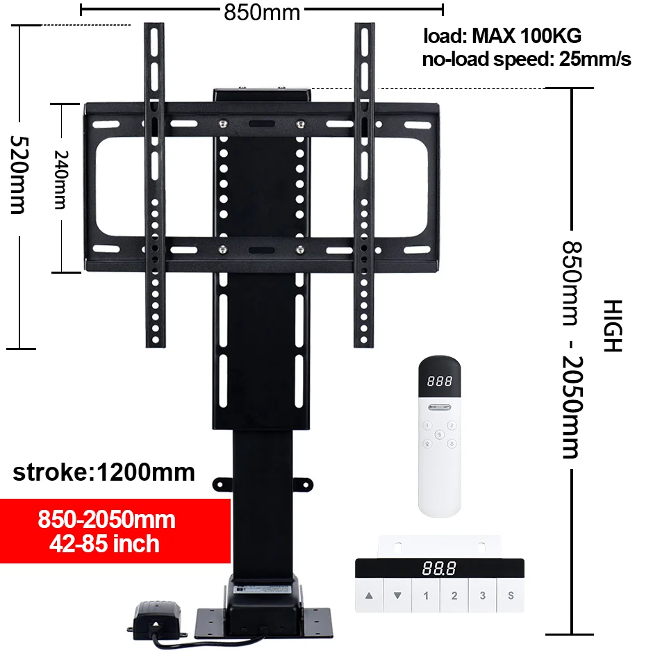 Uchwyt do telewizora silnik prądu stałego 100kg uchwyt monitora wysokości regulowany elektrycznie zdalnego sterowania 900MM 650MM 1500mm skok