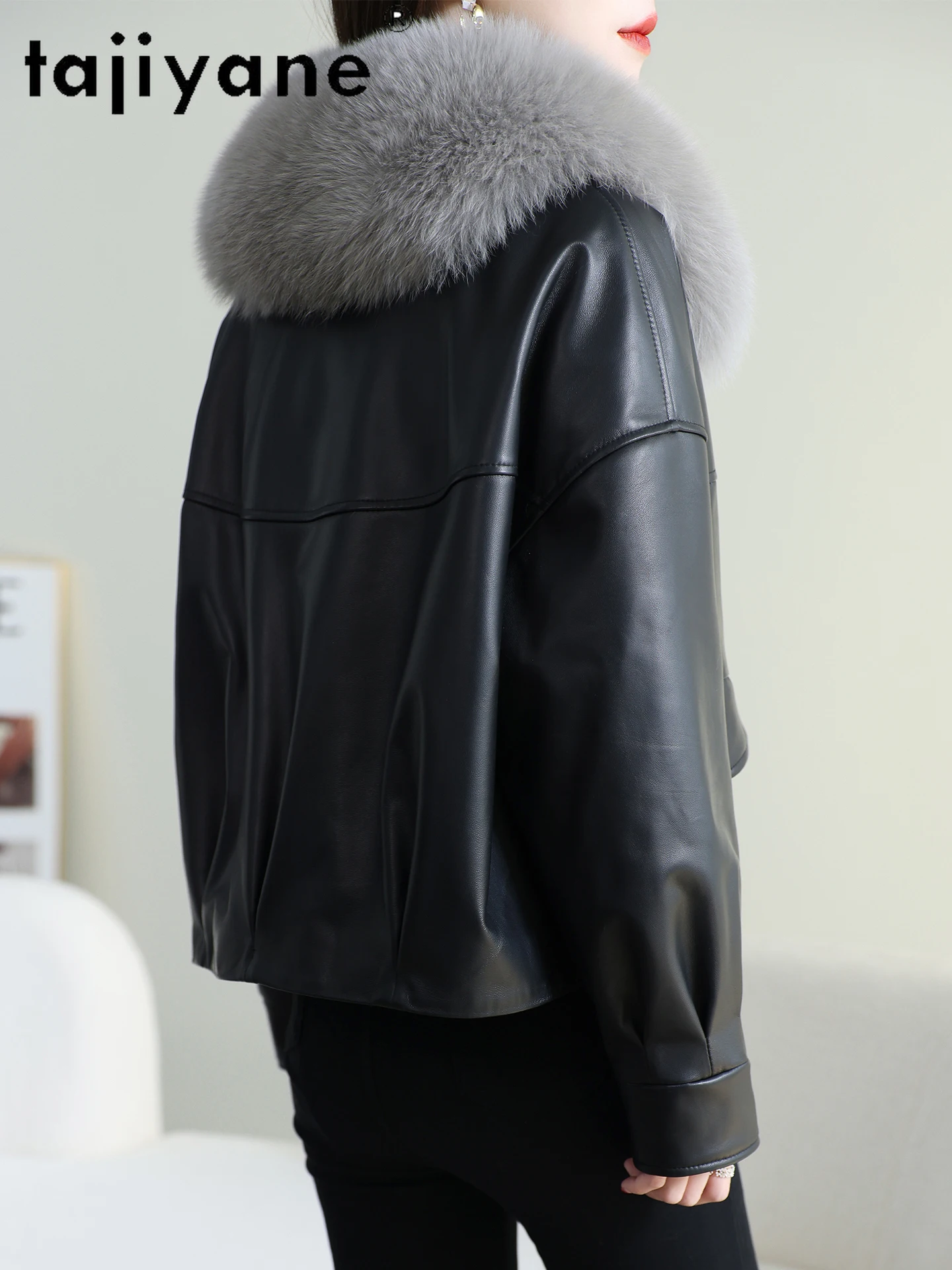 TAJIYANE 100% جلد الغنم أوزة أسفل سترة امرأة قصيرة الثعلب الفراء طوق معطف جلد طبيعي سترة منفوخة 2025 ملابس حريمي 신상АКю터