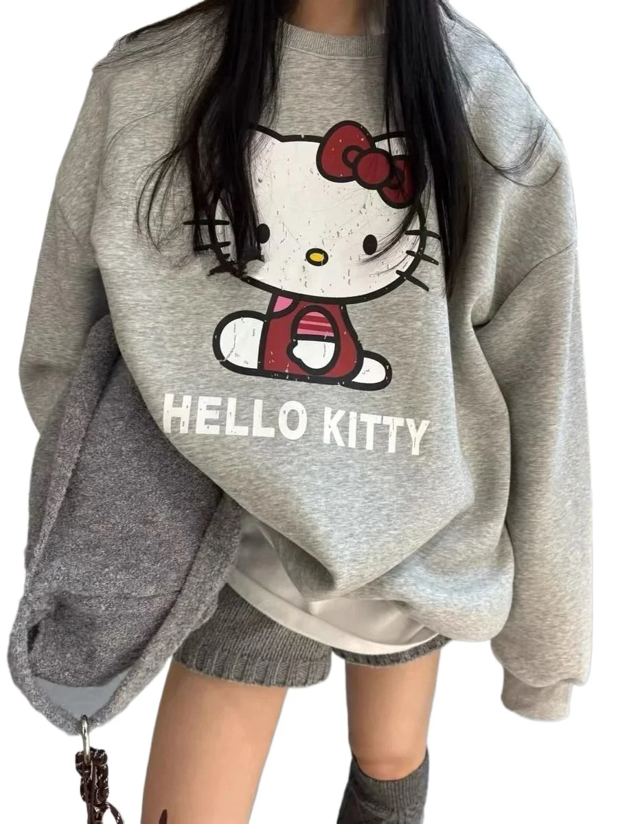 Sanrio hello kitty versão na moda dos desenhos animados impressão feminina outono inverno em torno do pescoço hoodie para mulher manga comprida pullovers versáteis