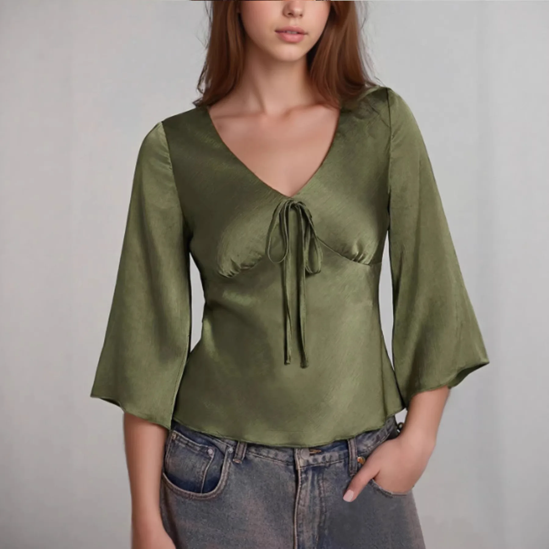 

2026 Spring New Women's Elegant Satin Blouse V Neck Tie Front Flared Bell Sleeve Fitted Waist Top Chic Office Party Blouse