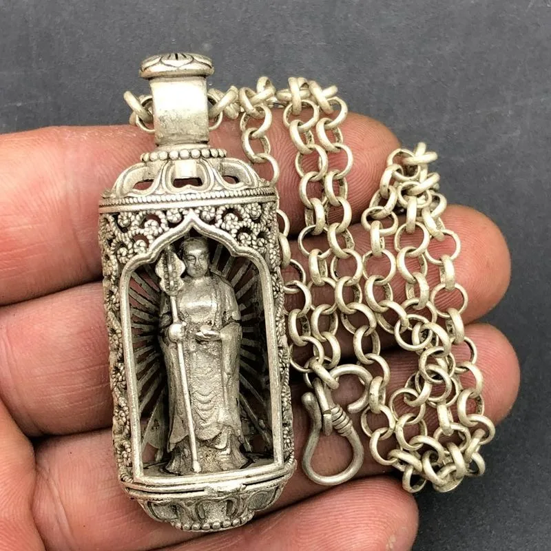 Vintage Ksitigarbha Buddha Lock Pendant, Antique Copper Alloy Amulet Necklace, Retro Collectible Jewelry for Men Women