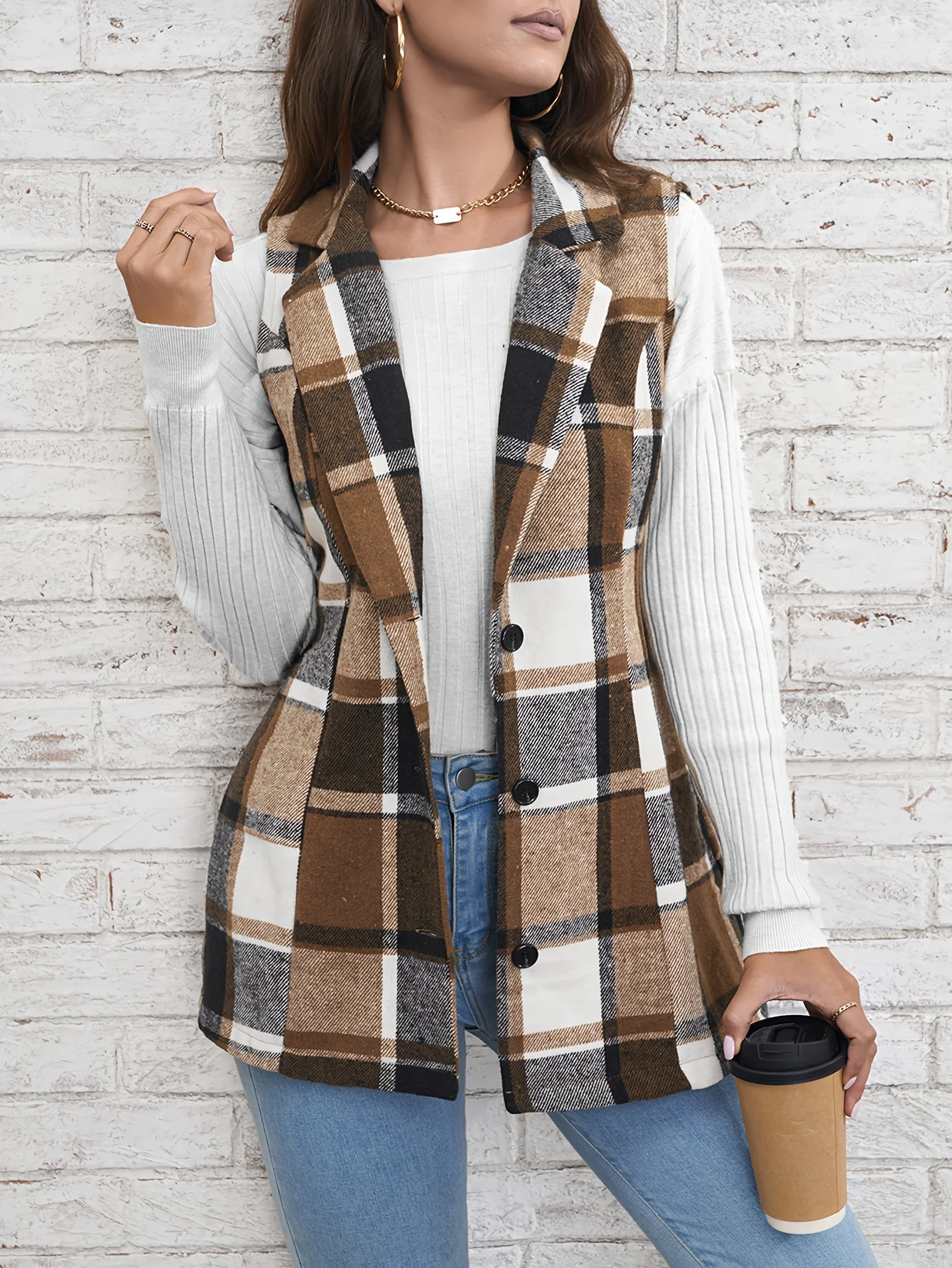 

Pop Europe America Hot Selling Women's Elegant Commuting Lapel Single Breasted Multicolored Plaid Spring And Autumn Vest