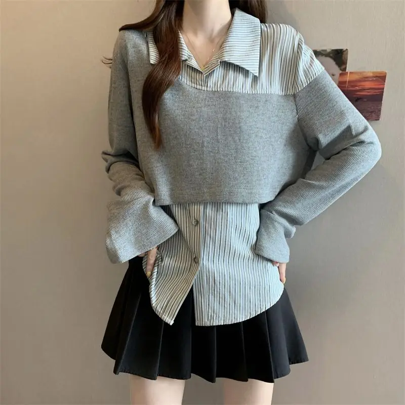 قميص مخطط بأزرار مخططة على الطراز الصيني الجديد للنساء بأكمام جرس وألوان متباينة فضفاضة ومتعددة الاستخدامات #5