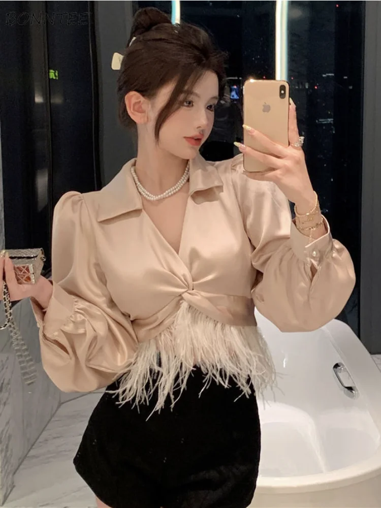 Blouses Women Autumn Temper Pure Color Leisure Elegant Inside Cropped Simple Slim Korean Style Criss-cross Popular Design Tops