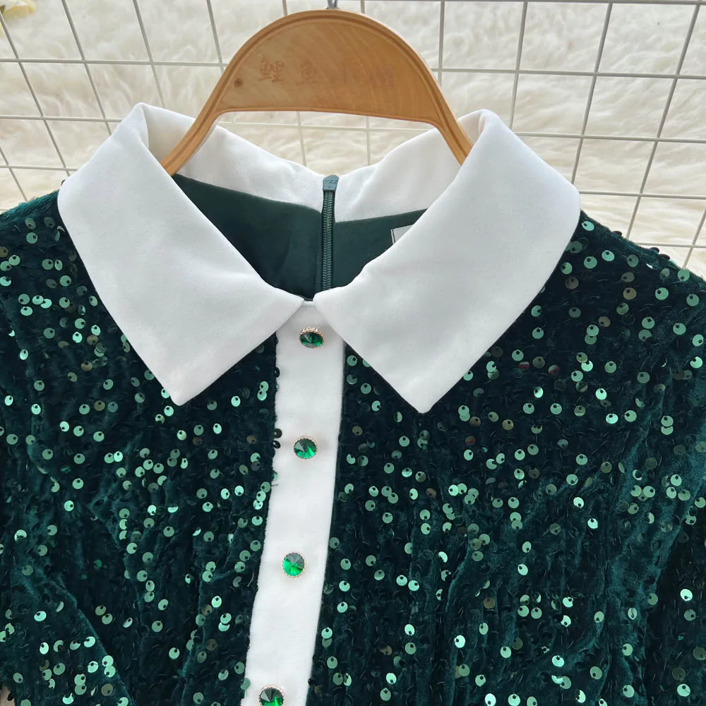 Chic vintage colletto rovesciato glitter manica lunga Elegante fata moda coreana Boho abito da donna