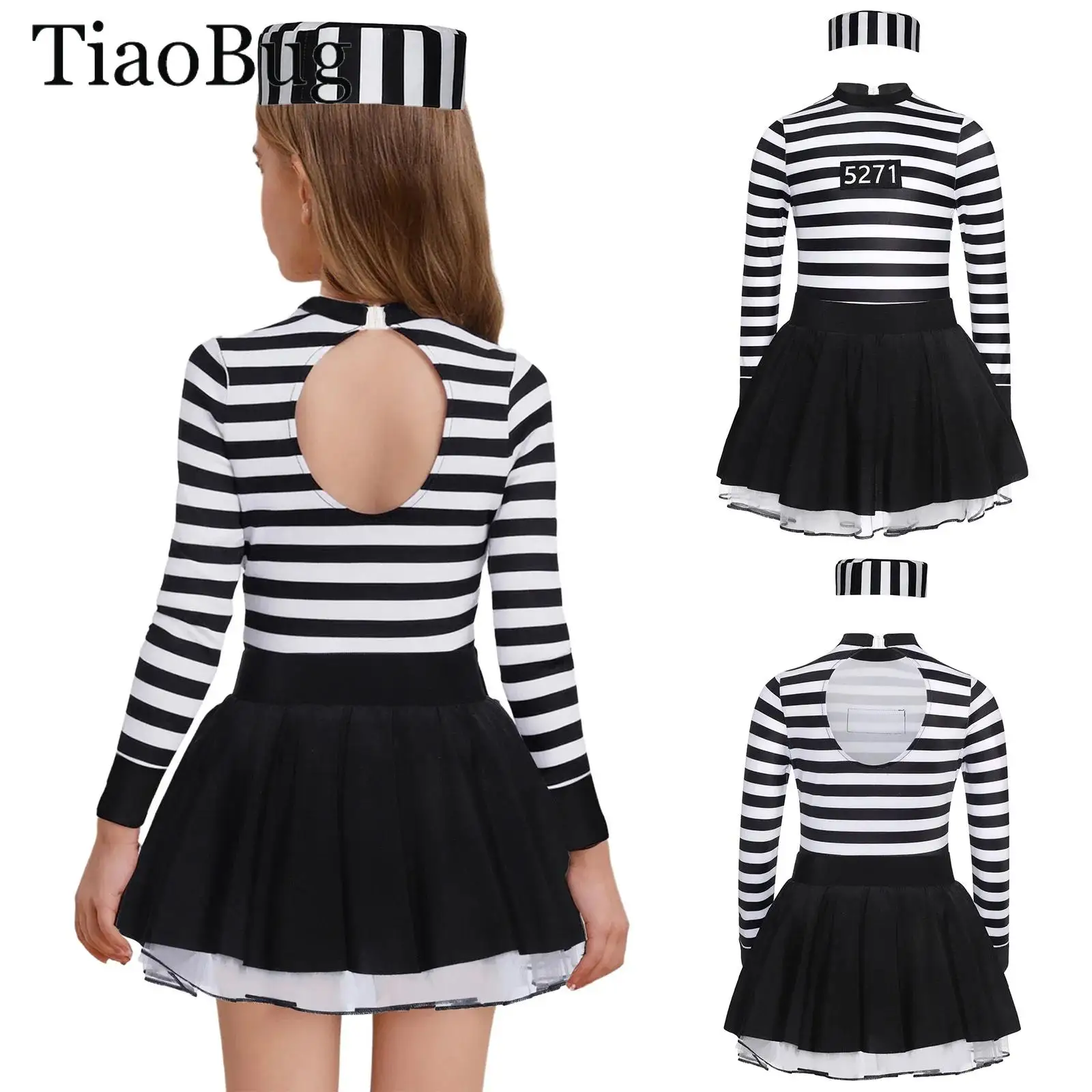 

Girls Halloween Cosplay Jailbird Inmate Costume Striped Puffy Prisoner Dress Long/Short Sleeve Ruffle Skirt Ballet Tutu Dress
